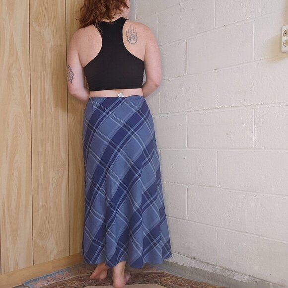 y2k Preppy Western Coastal Office Siren Cowgirl Blue Plaid Maxi Skirt - Picture 3 of 8